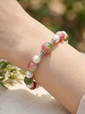 Handcrafted Watermelon Tourmaline And Faux Pearl Bracelet